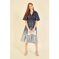 Yumi Womens Navy & Silver Ombre Midi Sequin Wrap Dress - Perfect Christmas Party Dress - Kimono Sleeve & Cinched Waistline 16 Navy