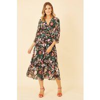 Yumi Black Floral Print Midi Wrap Dress with Pleated Skirt 12 Black