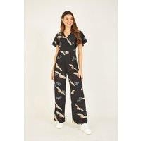 Black Crane Print Jumpsuit