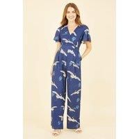 Navy Crane Print Angel Sleeve Jumpsuit