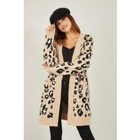 Beige Animal Print Intarsia Knit Long Cardigan