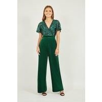 Green Sequin Embellished Velvet Jumpsuit With Angel Sleeves
