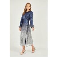 Yumi Navy and Silver Sequin Ombre Long Sleeve Midi Dress Navy 10
