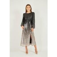 Yumi Black and Gold Sequin Ombre Long Sleeve Midi Dress 8 UK Black