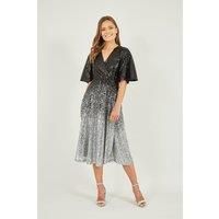 Yumi Black and Silver Ombre Sequin Midi Wrap Dress Black 8