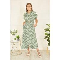 Yumi Green Viscose Midi Shirt Dress, Button-Up Design with Belt, 124cm Length (UK, Numeric, 8, Regular, Regular, Green)
