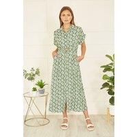 Yumi Green Viscose Midi Shirt Dress, Button-Up Design with Belt, 124cm Length (UK, Numeric, 12, Regular, Regular, Green)