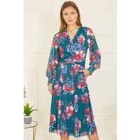 Green Floral Print Stretch Mesh Dress With Pockets