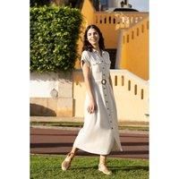 Yumi Stone Viscose Linen Look Midi Shirt Dress with Wooden Belt 16 Cream