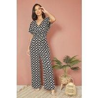 Black Geometric Print Wrap Jumpsuit