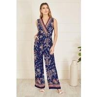 Navy Paisley Border Print Wrap Jumpsuit