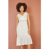Yumi White Lace and Dobby Cotton Midi Sundress Dress M White