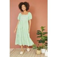 Yumi Green Cotton Gingham Smock Puff Sleeve Midi Dress 12 Green