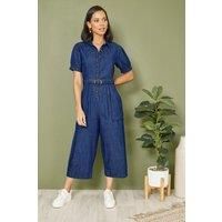 Yumi Blue Cotton Chambray Button Up Jumpsuit 8 Blue