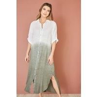 Yumi Women's White Italian Linen Hand Dip Dyed Midi Shirt Dress With Turn Up Sleeves | Size: Medium/Large