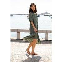 Khaki Italian Linen Shirt Dress With Frill Hem