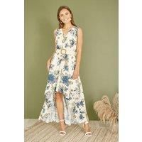 Yumi Premium Ivory Floral Print Broderie Anglaise Cotton Dip Hem Midaxi Dress L White