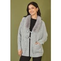 Grey Cardigan With Detachable Fur Collar Trim
