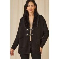 Black Cardigan With Detachable Fur Collar Trim