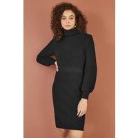 Black Roll Neck Knitted Dress With Fitted Waist