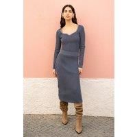 Yumi Blue Ribbed Knitted Midi Skirt L Blue