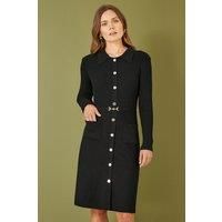 Yumi Black Rib Knit Midi Shirt Dress, Button-Down with Snaffle Belt, Long Sleeve (UK, Alpha, S, Regular, Regular, Black)