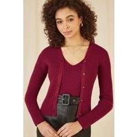 Burgundy Metallic Rib Knitted Cardigan