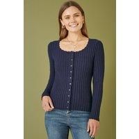Navy Fitted Rib Button Up Cardigan