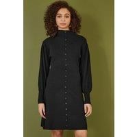 Yumi Black Knitted Button Up Midi Dress with Balloon Sleeves M Black