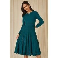 Teal Knitted Pleated Skater Dress With Notch Neckline