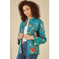 Yumi Women's Teal Floral Print Reversible Cotton Quilted Jacket | Size: 10
