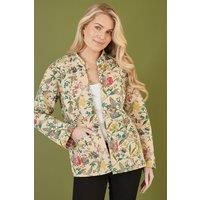 Yumi Stone Floral Print Reversible Cotton Quilted Jacket 10 Cream