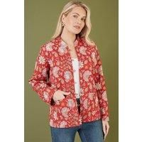 Yumi Red Floral Print Reversible Cotton Quilted Jacket 8 Red