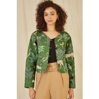 Green Animal Print Reversible Cotton Cropped Quilted Jacket