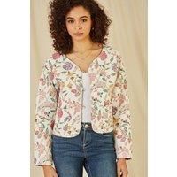 Yumi White Floral Print Reversible Cotton Cropped Quilted Jacket 14 White