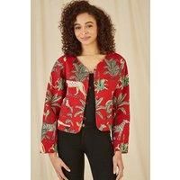 Red Animal Print Reversible Cotton Cropped Quilted Jacket
