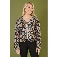 Yumi Black Floral Print Reversible Cotton Cropped Quilted Jacket 14 Black