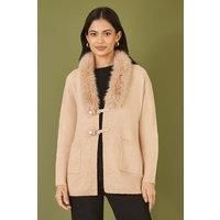 Yumi Oatmeal Cardigan with Detachable Fur Collar Trim M/L Cream