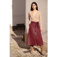 Burgundy Faux Leather A Line Midi Skirt With Button Up Details