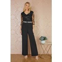 Black Wide Leg Trousers With Diamante Waistband