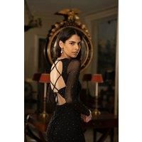 Yumi Black Mesh Bodycon Midi Dress, Diamante Embellished, Open Back with Tie, 127cm Length (UK, Numeric, 16, Regular, Regular, Black)