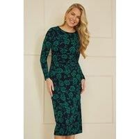Yumi Green Floral Fitted Mesh Midi Dress with Long Sleeves (UK, Numeric, 10, Regular, Regular, Green)