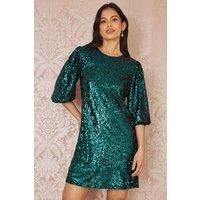 Green Sequin Tunic Dress With Balloon Sleeves
