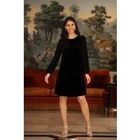 Yumi Black Velvet Tunic Dress with Pleated Balloon Sleeves and Tie Back 18 Black
