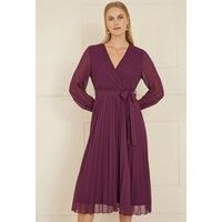 Plum Pleated Wrap Midi Dress With Sheer Long Sleeves