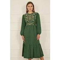 Green Long Sleeve Midi Dress With Floral Embroidery Bodice