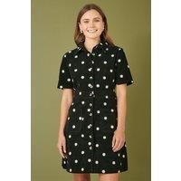Black Daisy Embroidered Cord Shirt Dress