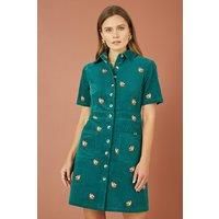 Teal Cord Shirt Dress With All Over Fox Embroidery