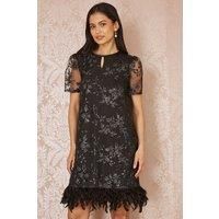 Black Sequin Embroidered Tunic Dress With Feather Trim Hemline