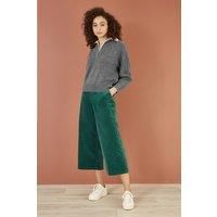 Green Cord Cropped Wide Leg Trousers With Pockets